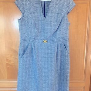 Navy and white sheath dress with pockets